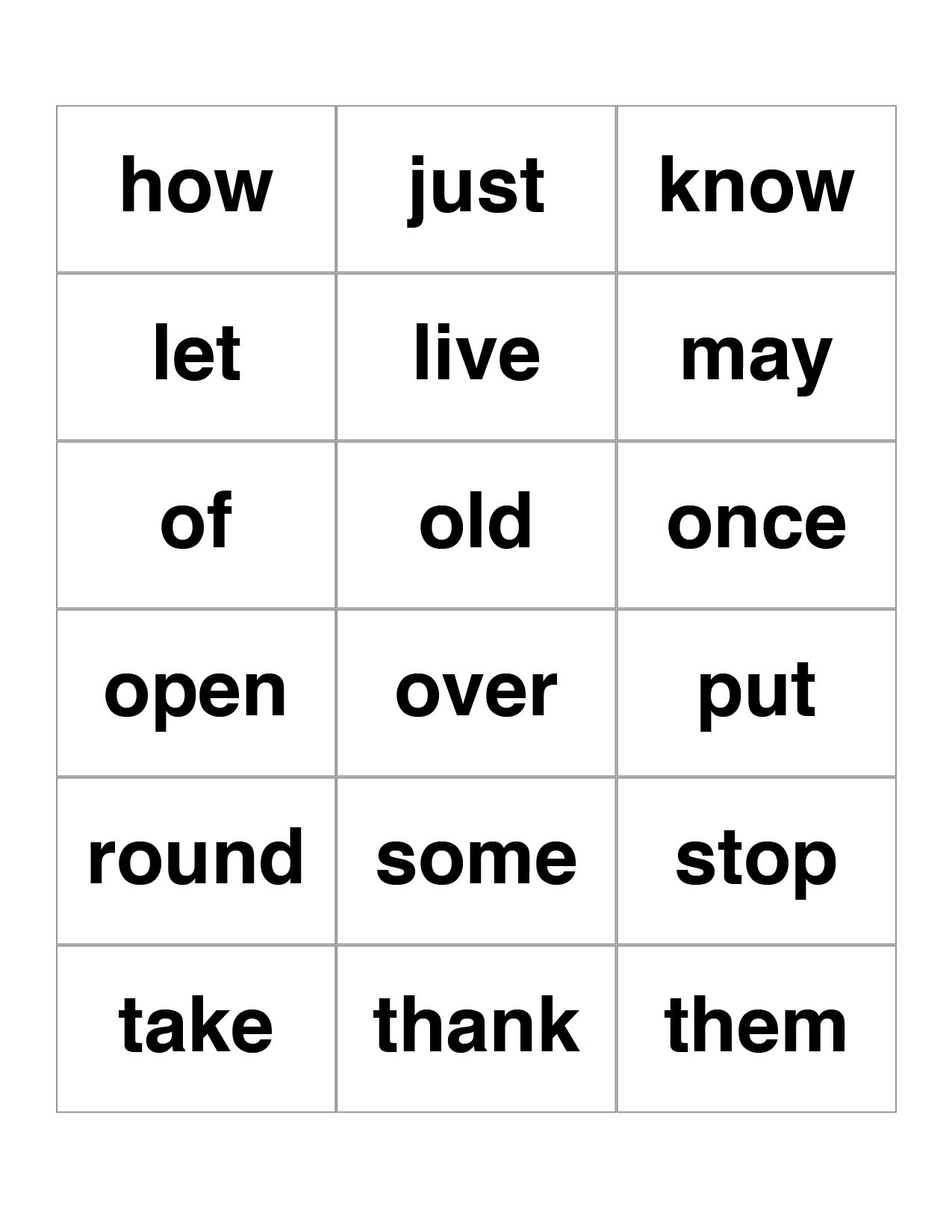 Flash Card Words For 1st Grade