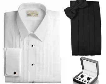 Satin Bow Tie and Cummerbund 5 Studs and Cuff Links Set Big and Tall Cotton Laydown Tuxedo Shirt