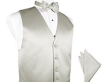 Satin Vests in Shades of Platinum, Silver and Pewter with Matching Bow Ties & Pocket Squares