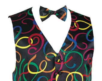Colorful Mardi Gras Serpentine Tuxedo Vest and Bow Tie Set