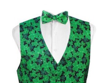 Men's Shamrock Print Tuxedo Vest and Bow Tie or Long Tie