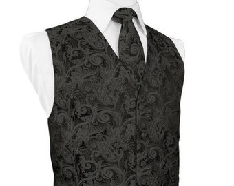 Pewter Paisley Satin Vest and Matching Bow Tie or Long Tie and Pocket Square