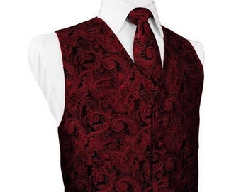 Scarlet Paisley Satin Vest and  Matching Bow Tie or Long Tie and Pocket Square