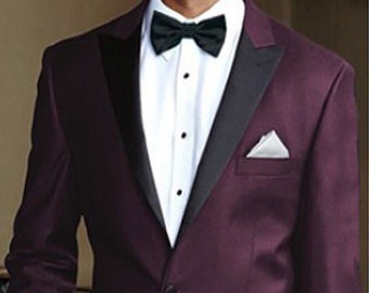 Men's Slim Fit Plum Tuxedo Jacket with Black Peak Lapel and Black Tuxedo Pants