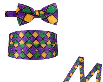 Mardi Gras Bow Tie and Cummerbund or Bow Tie and Cummerbund with Matching Suspenders