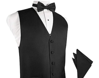 Black Herringbone Tuxedo Vest with Bowtie & Pocket Square Set