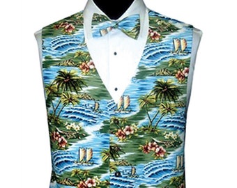 Seamist Green Tropical Island Novelty Tuxedo Vest with Bow Tie