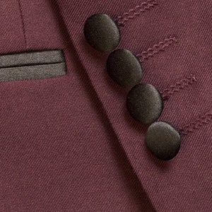 Burgundy Tuxedo Jacket with Black Peak Lapel and Matching Black Tuxedo Pants image 3