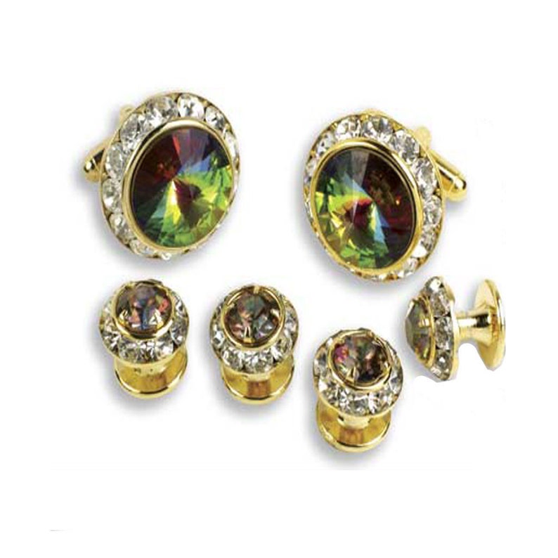 Assorted Color Austrian Crystal Tuxedo Studs and Cuff Links in Gold or Silver Trim
