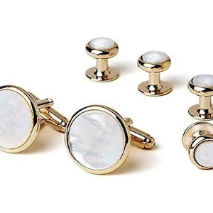 Genuine Mother of Pearl Classic Tuxedo Cuff Links and Studs in Gold or Silver Trim