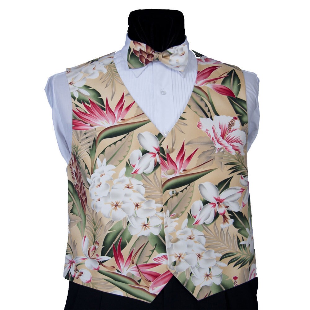 Sand Hawaiian Floral Vest and Bow Tie 