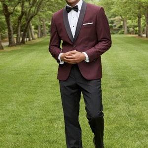 Ultra Slim Fit Stretch One Button Burgundy with Black Shawl Lapel Tuxedo with Matching Pants