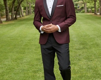Ultra Slim Fit Stretch One Button Burgundy with Black Shawl Lapel Tuxedo with Matching Pants