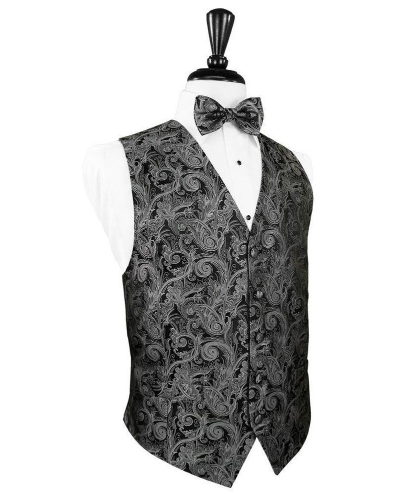 100% Silk Paisley Tuxedo Vest With Matching Silk Bow Tie in Black ...