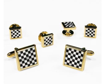 Onyx and Mother of Pearl Checkerboard Cuff Links and Suds Set in Gold or Silver