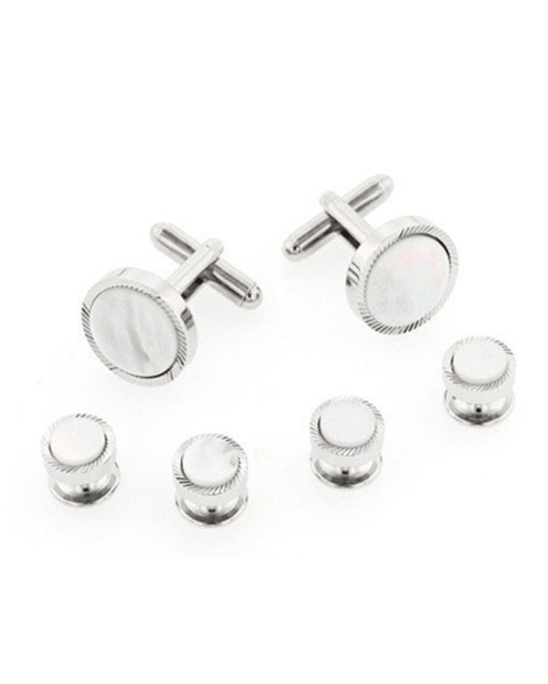 Genuine Mother of Pearl Grooved Circular Cuff Links and Studs
