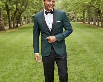 Ultra Slim Fit Stretch One Button Green with Black Shawl Lapel Tuxedo with Matching Pants