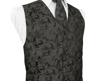 Charcoal Satin Paisley Tuxedo Vest with Bowtie and Pocket Square Set