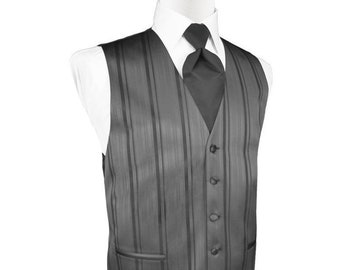 Striped Satin Tuxedo Vest in Shades of Charcoal, Platinum, Pewter and Silver with Matching Solid Long Tie