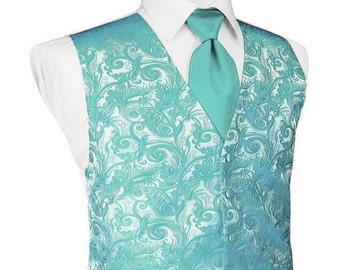 Mermaid Paisley Satin Vest and Matching Bow Tie or Long Tie and Pocket Square