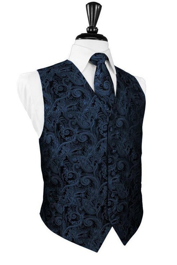 Gilet en satin cachemire bleu paon et noeud papillon assorti ou