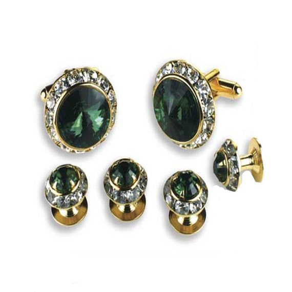 Crystal Cufflinks and Studs with Black Trim and Emerald Center