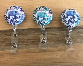 Elephant Badge Reel: Floral Print ID Holder