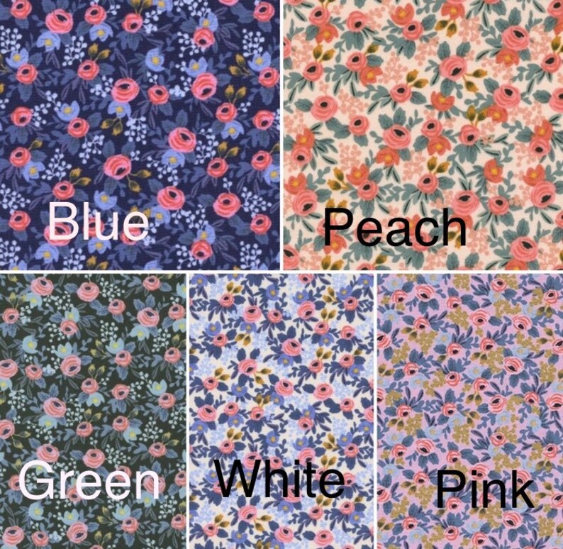 May include: Five fabric swatches with a floral pattern. The swatches are labeled "Blue", "Peach", "Green", "White", and "Pink".