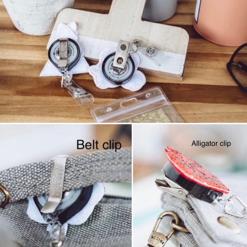 May include: Two different types of clips for attaching a badge reel to a bag or belt. One clip is a belt clip and the other is an alligator clip. Both clips are silver metal.