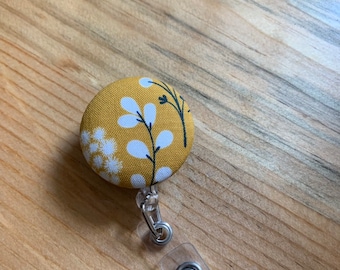 Mustard Floral Badge Reel: Retractable ID Holder