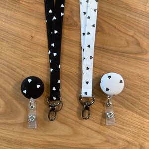 Heart Lanyard with Badge Reel: Black & White Cotton