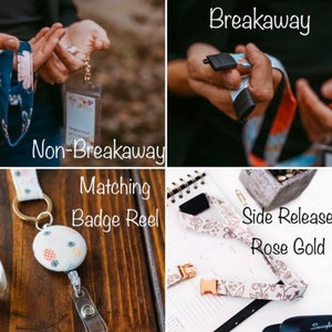 May include: Four different types of badge reels are shown. The top left reel is a non-breakaway reel with a floral pattern. The top right reel is a breakaway reel with a floral pattern. The bottom left reel is a matching badge reel with a pineapple pattern. The bottom right reel is a side release rose gold reel with a floral pattern.