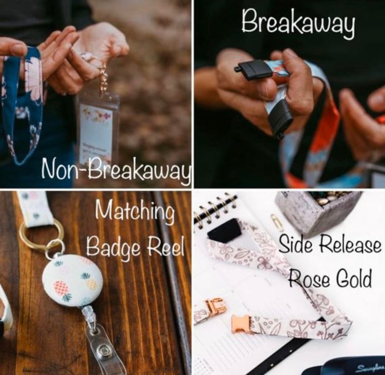 May include: Four different types of badge reels are shown. The top left reel is a non-breakaway reel with a floral pattern. The top right reel is a breakaway reel with a floral pattern. The bottom left reel is a matching badge reel with a pineapple pattern. The bottom right reel is a side release rose gold reel with a floral pattern.