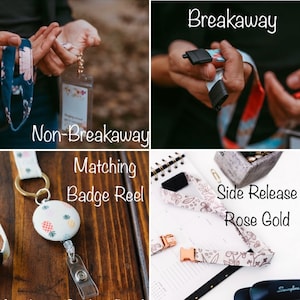 May include: Four different types of badge reels are shown. The first reel is a non-breakaway reel with a floral pattern. The second reel is a breakaway reel with a floral pattern. The third reel is a matching badge reel with a pineapple pattern. The fourth reel is a side release rose gold reel with a floral pattern.