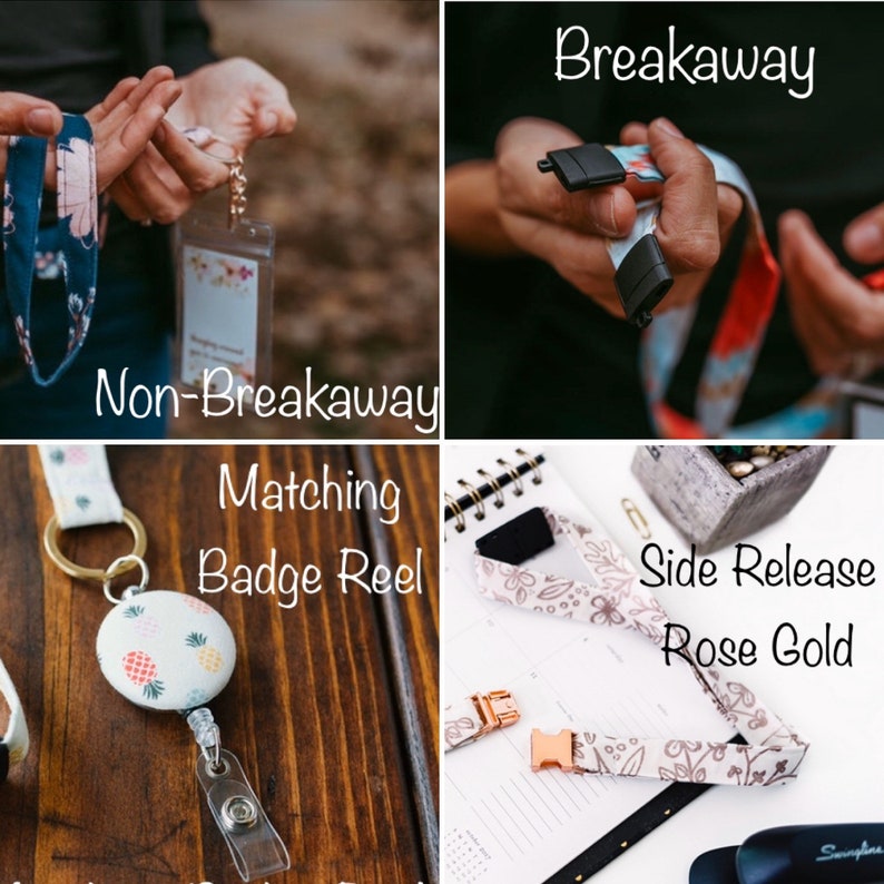 May include: Four different types of badge reels are shown. The first reel is a non-breakaway reel with a floral pattern. The second reel is a breakaway reel with a floral pattern. The third reel is a matching badge reel with a pineapple pattern. The fourth reel is a side release rose gold reel with a floral pattern.