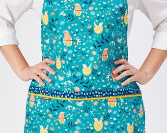 Bird Print Apron, Reversible Apron for Woman, Teal Apron with Pockets, Hostess Gift, Pinafore, Retro Apron, Premium Comfortable Cotton Tunic