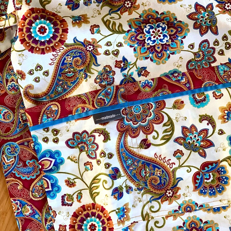 Elegant Paisley Reversible Apron, Floral Print, Gold Accents, Hostess Apron for Women, Pockets