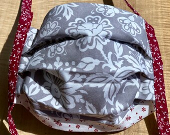 Premium Cotton Face Mask with Ties, Filter Pocket, Nose Wire, Gray and White Floral Print, Washable, Reusable, Ear Savers