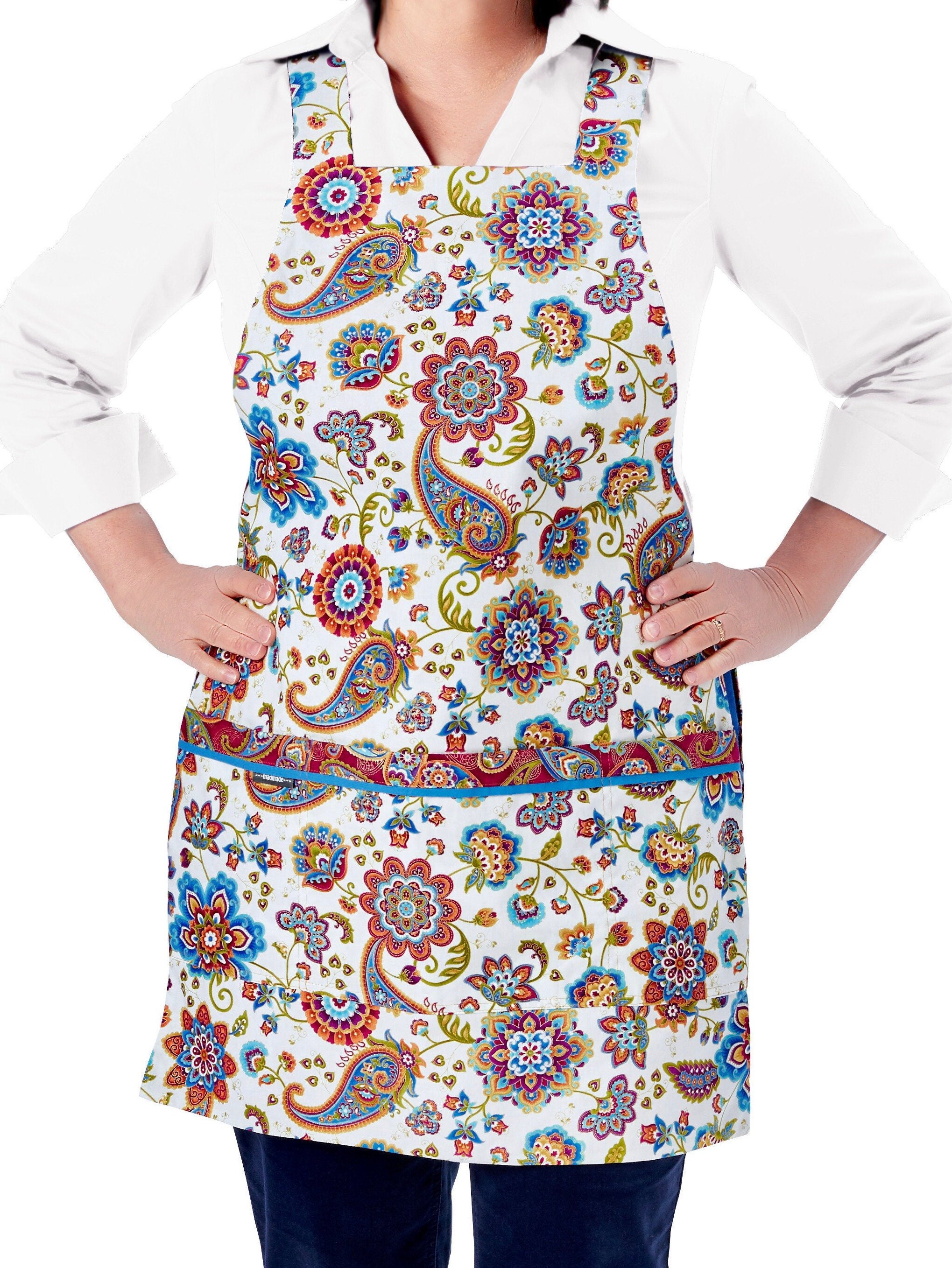 Elegant Paisley Reversible Apron, Floral Print, Gold Accents, Hostess Apron for Women, Pockets