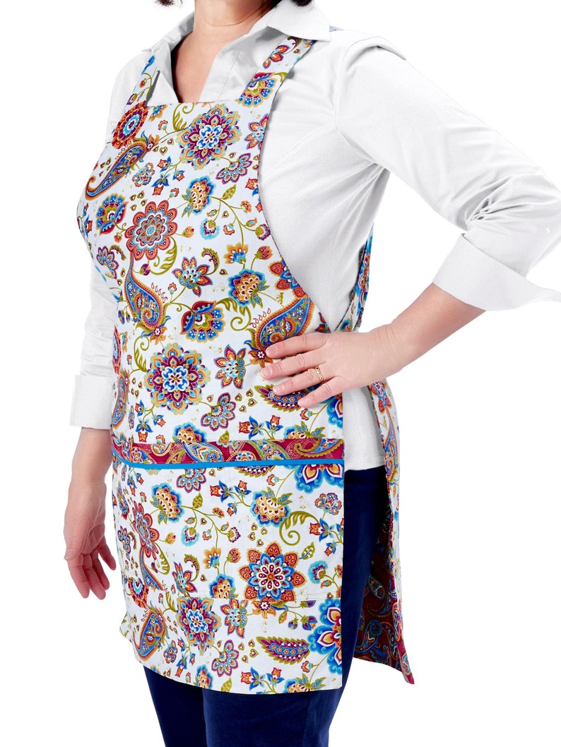 Elegant Paisley Reversible Apron, Floral Print, Gold Accents, Hostess Apron for Women, Pockets