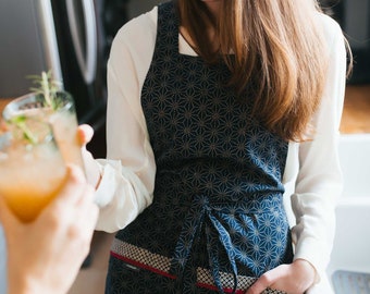 Reversible Women's Apron: Indigo Star Japanese Cotton Pinafore with Pockets