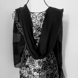 Vintage Rectangular Sheer Black Pure Silk Scarf Tone on Tone Design.Dressy.Elegant. Shawl. 1990s
