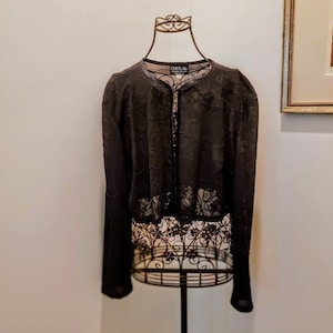 Black Beaded Chiffon Bolero Jacket Shrug. Women Medium. Evening. Dressy. Classic. Lightweight. Vintage USA 1980s.
