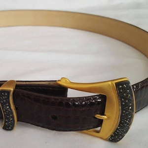 Vintage JUDITH JACK Cordovan Burgundy Calfskin Leather Belt. MARCASITE Brushed Gold Tone Buckle & Keeper. Sz M Classic Elegant 90s. image 1