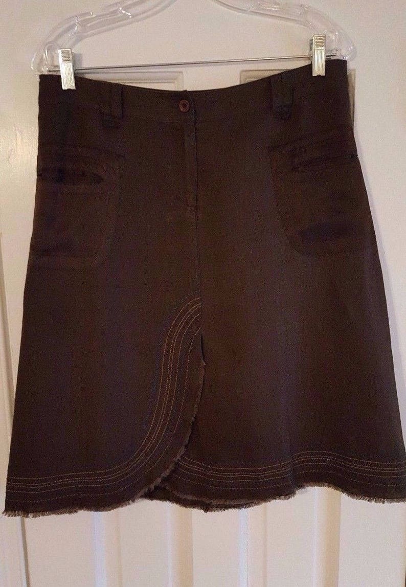 Vintage 90s i.t.w 100/% Linen Skirt Medium by claude brown Brown Silk /& Embroidered Trim Flattering Interesting Design Flared SALE