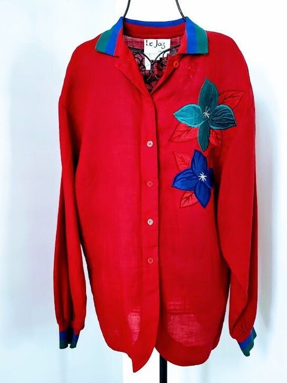 LE JAZ Unusual Red Ramie Shirt Blouse Jacket. Roun