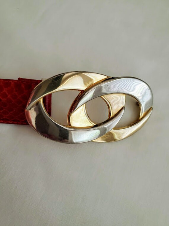 Vintage Red Snakeskin Leather Adjustable Belt wit… - image 4