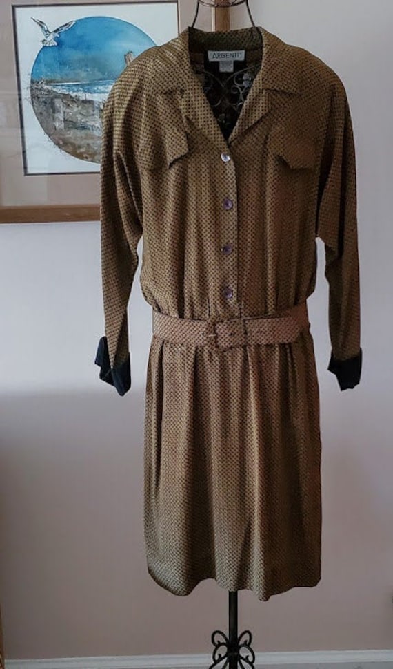 ARGENTI 100% Taupe Silk Print Belted Shirtwaist D… - image 1