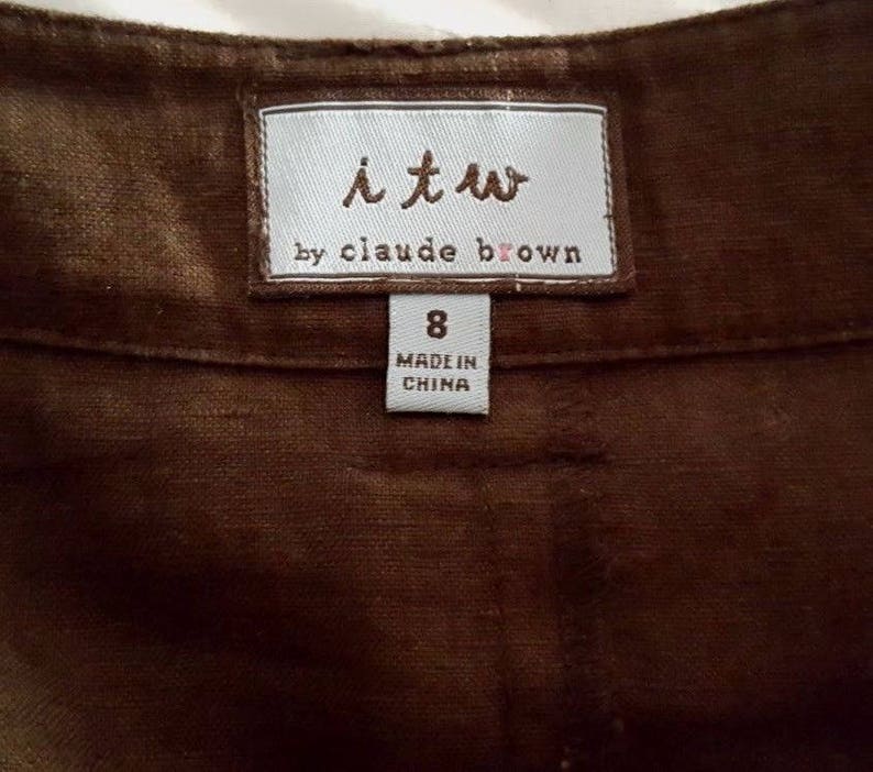 Vintage 90s i.t.w 100/% Linen Skirt Medium by claude brown Brown Silk /& Embroidered Trim Flattering Interesting Design Flared SALE