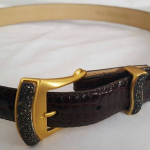 Vintage JUDITH JACK Cordovan Burgundy Calfskin Leather Belt. MARCASITE Brushed Gold Tone Buckle & Keeper. Sz M Classic Elegant 90s. image 3